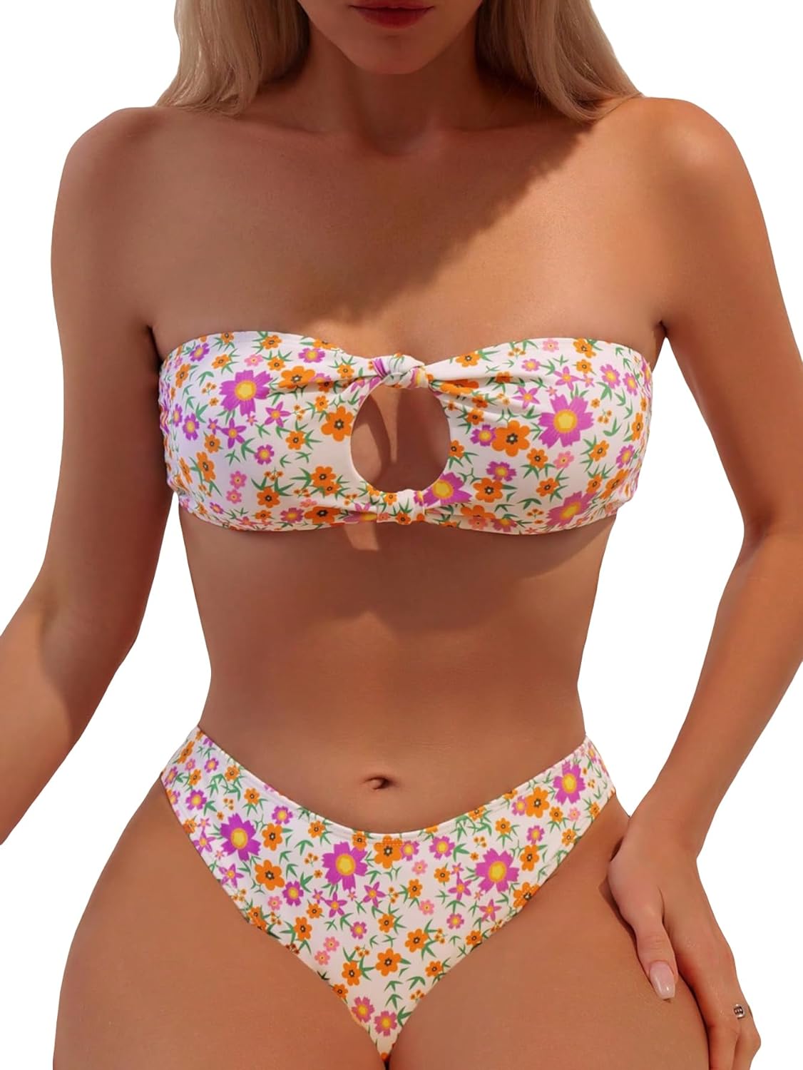 MakeMeChic Women's 2 Piece Bandeau Swimsuit Floral Cut Out Bikini Set Strapless Bathing Suits