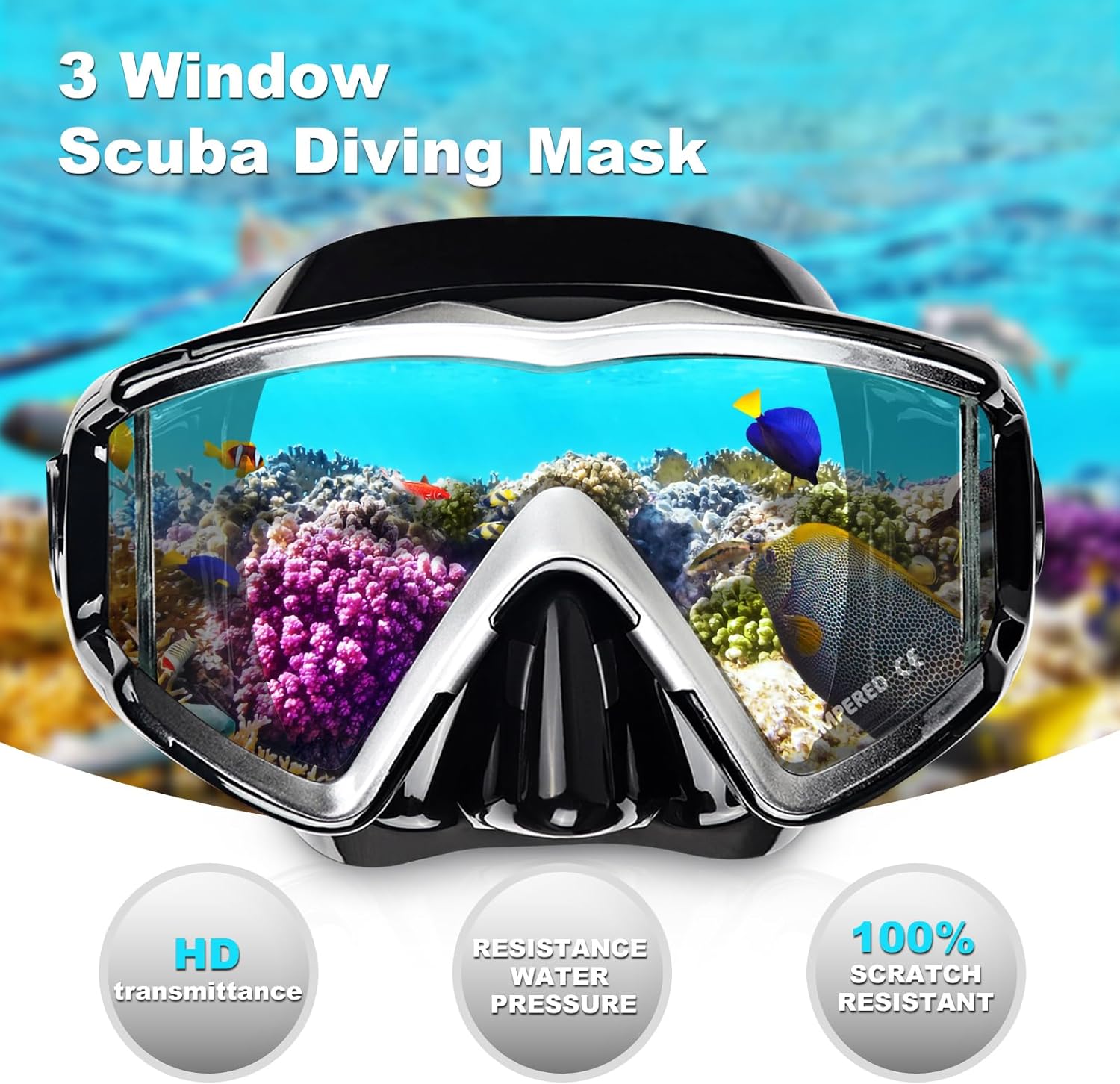 Adult Pano 3 Window Scuba Diving Mask, Tempered Glass Snorkel Mask Anti-Fog Swim Mask No Leakage Swim Goggles with Nose Cover Snorkeling Gear for Snorkeling, Freediving, Swimming