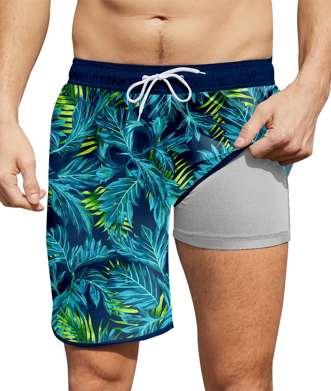 Idgreatim Men's Swim Trunks with Compression Liner 7 Inch Inseam Board Shorts Swimwear Quick Dry Hawaii Bathing Suit M-XXL