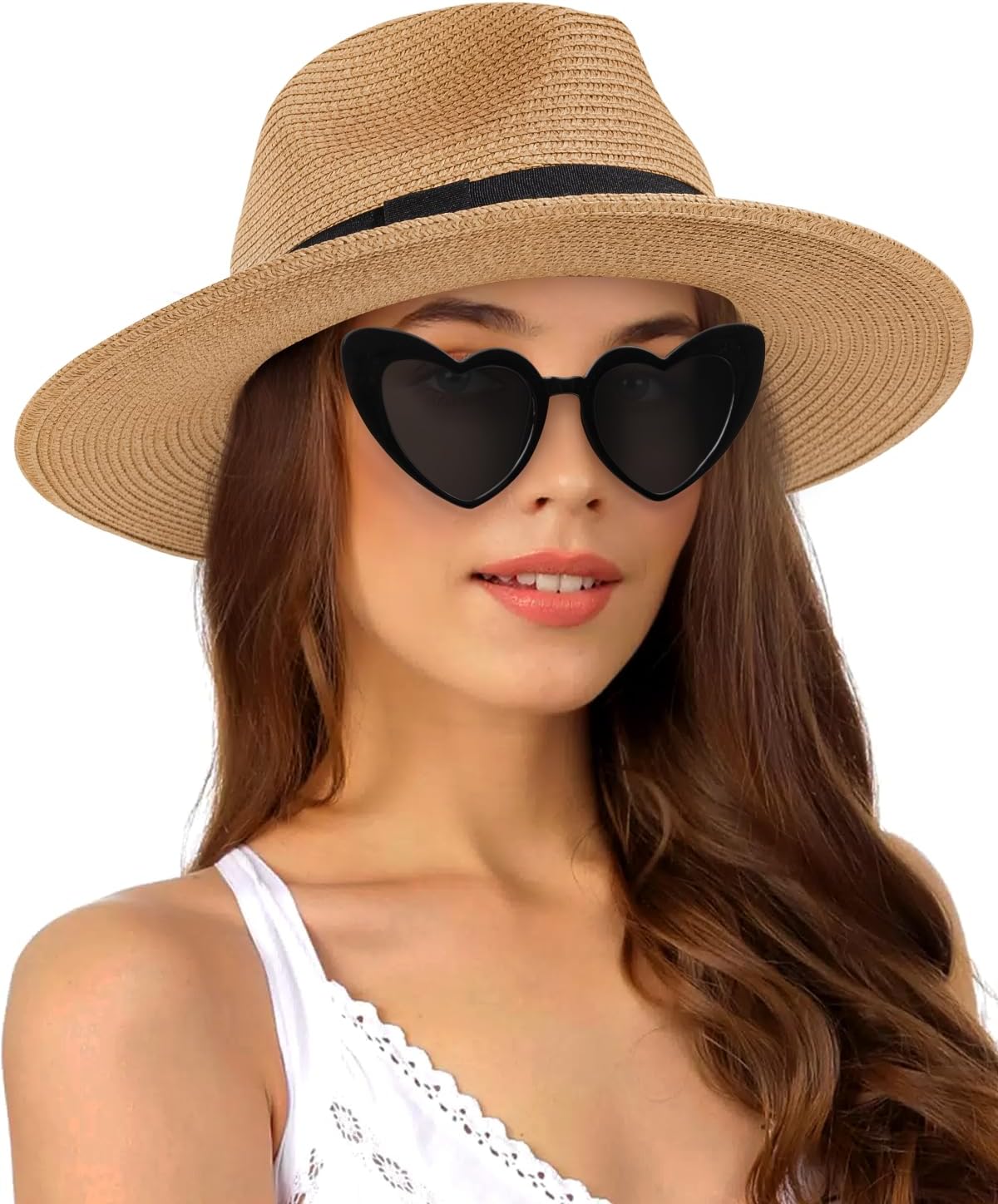 Sun Hats for Women Straw Panama Hat Wide Brim Fedora Beach Hat Packable UV UPF 50+ Summer Hat