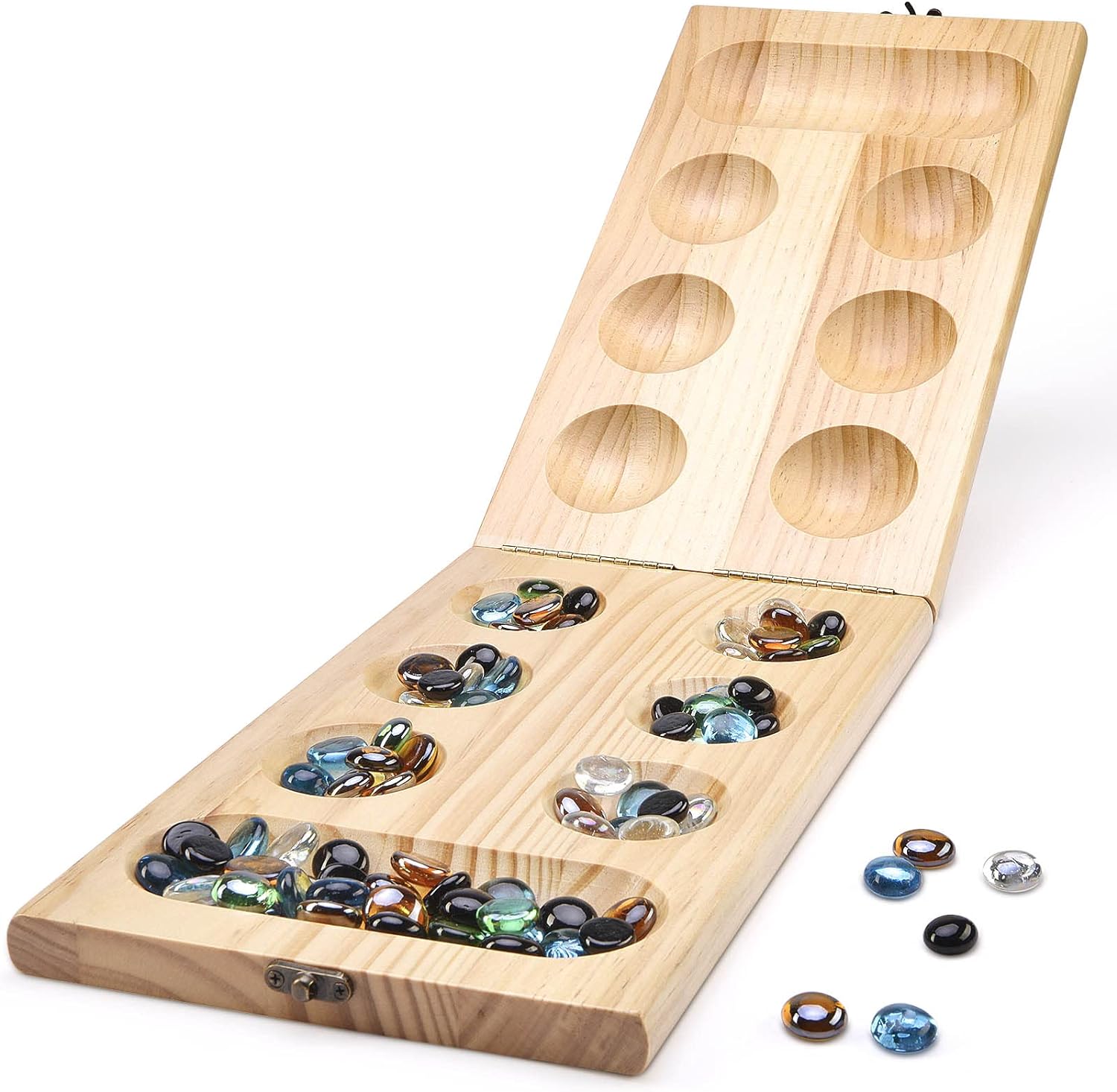 AMEROUS Wooden Mancala Board Game Set - Upgraded Larger Size - 72+8 Bonus Multi Color Glass Stones - Folding Board - Gift Package -Instructions, Portable Board Game for Adults, Kids