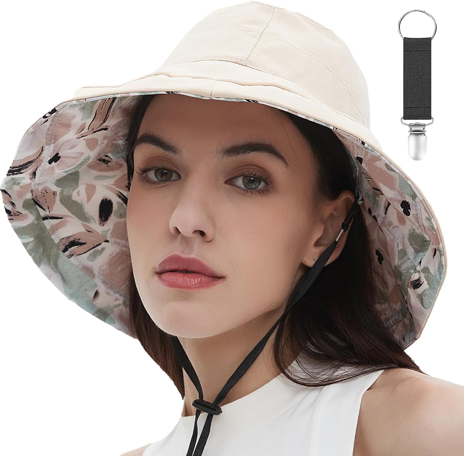 Womens Sun Hats Wide Brim Reversible Bucket Cotton Hat Packable Summer Travel Cap with Hat Clip,UV Protection