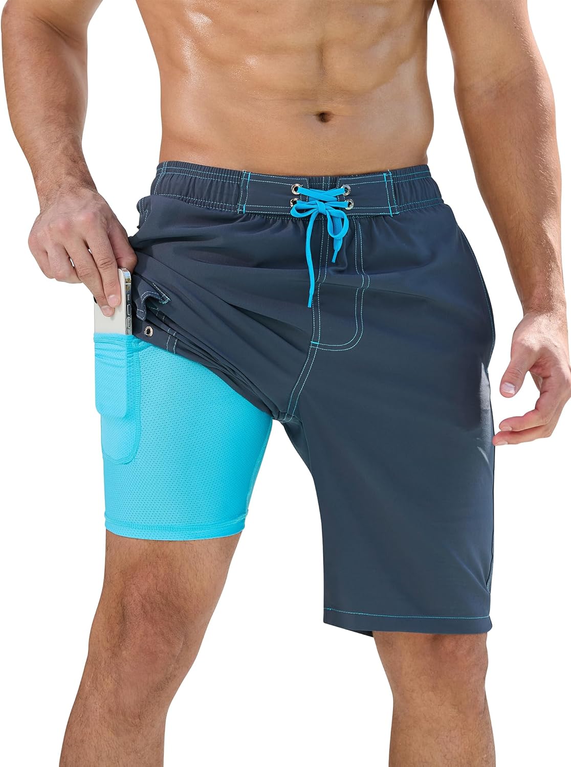 SILKWORLD Mens Swim Trunks with Compression Liner Quick-Dry 10" Stretch Beach Shorts