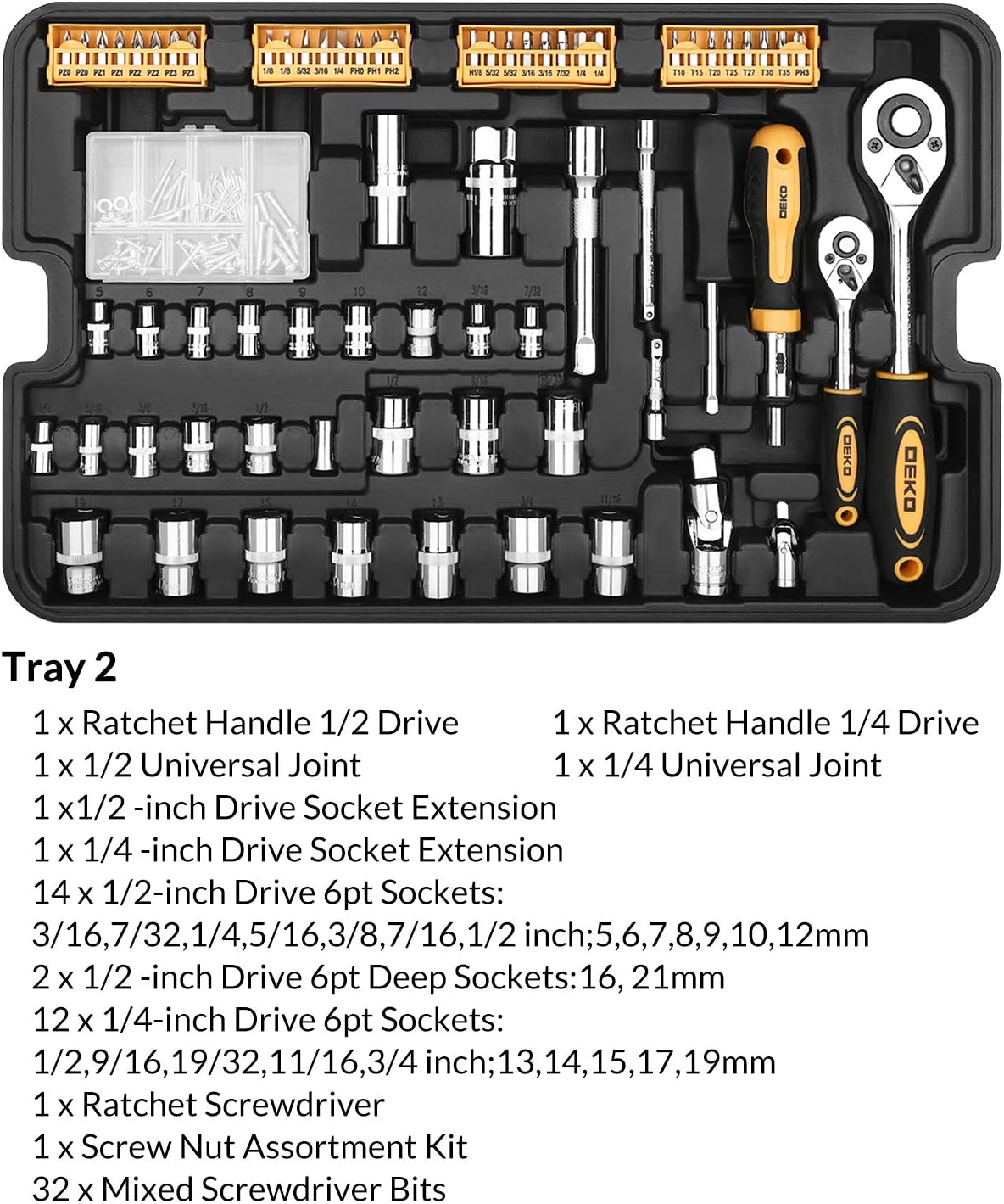 DEKOPRO 258 Piece Tool Kit with Rolling Tool Box Socket Wrench Hand Tool Set Mechanic Case Trolley Portable