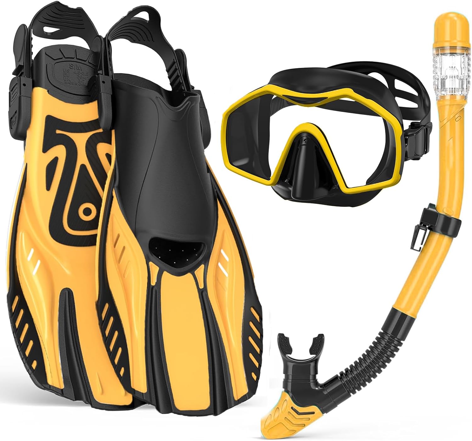 Snorkeling Gear for Adults,Mask Fins Snorkel Set,Panoramic View Diving Mask Anti-Fog,Dry Top Snorkel,Dive Flippers and Travel Bag for Swimming,Snorkeling Diving