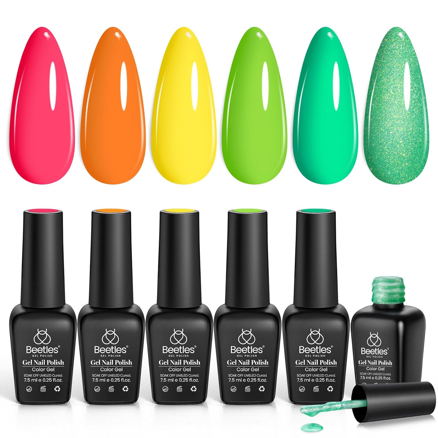 Beetles Neon Gel Nail Polish Kit- 6 Summer Colors Neon Green Hot Pink Coral Glitter Green Gel Polish Set, Trendy Nail Art Soak Off Uv Nail Color Gel DIY Manicure Home Gifts for Women