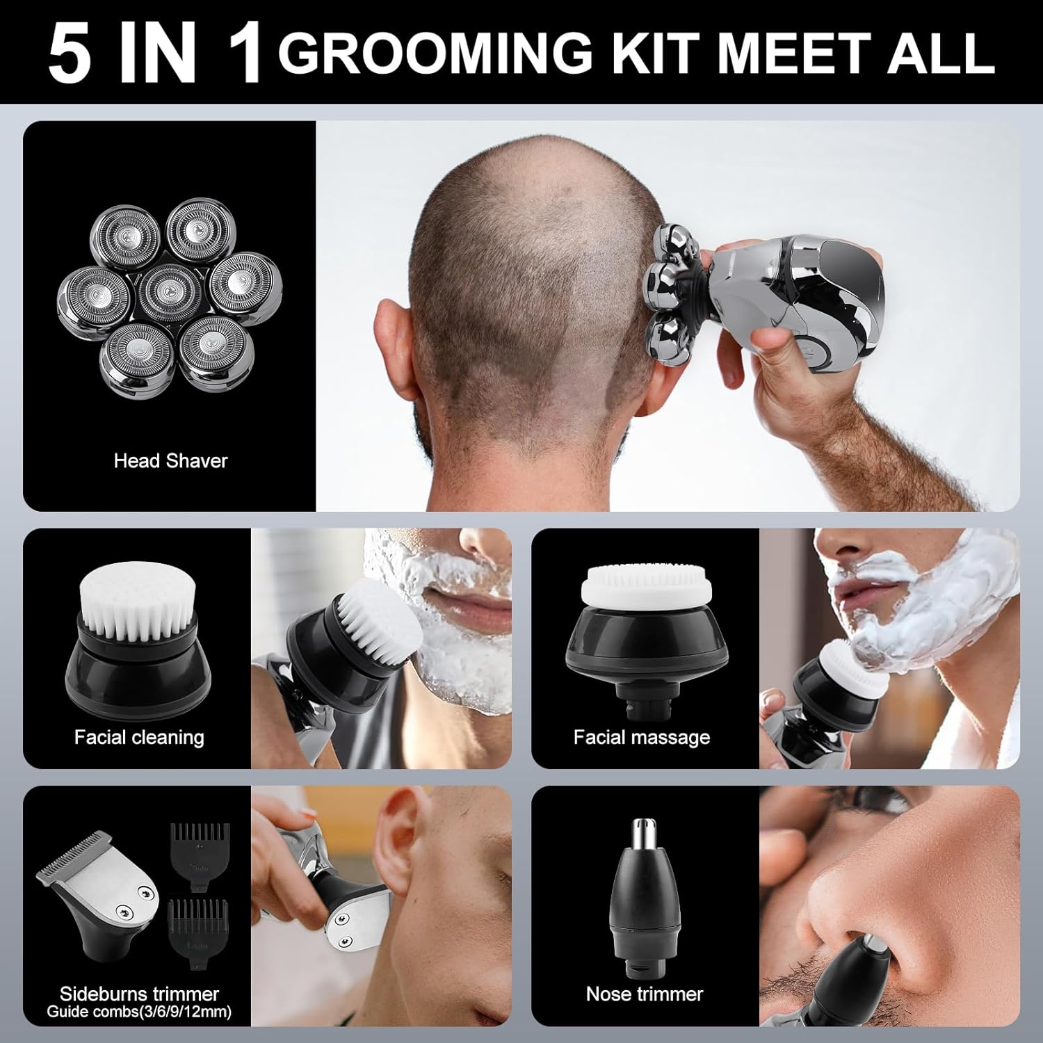 Hotodeal Head Shaver for Bald Men,5 in 1 Anti-Pinch Bald Head Shavers for Men,Detachable 7D Head Shaver Dry/Wet Bald Head Shavers for Men,Mens Electric Shaver with Nose Hair Sideburns Trimmer