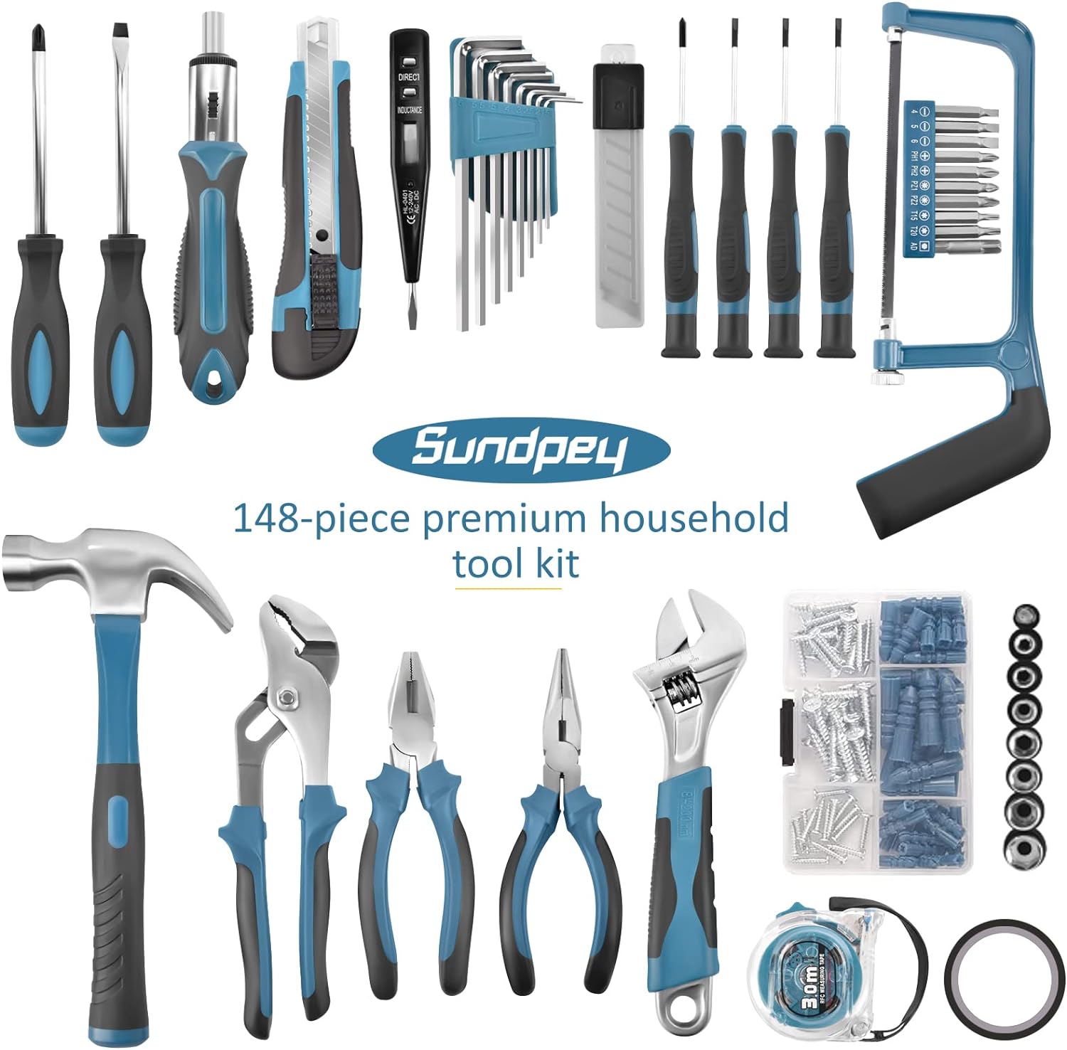 Sundpey Home Tool Kit 148-Pcs - Household Basic Complete Hand Repair portable Tool Set with Case & Ratcheting Screwdriver & Hex Key & Pliers & Wrench & Voltage Tester & Water Pump Plier for Men Women