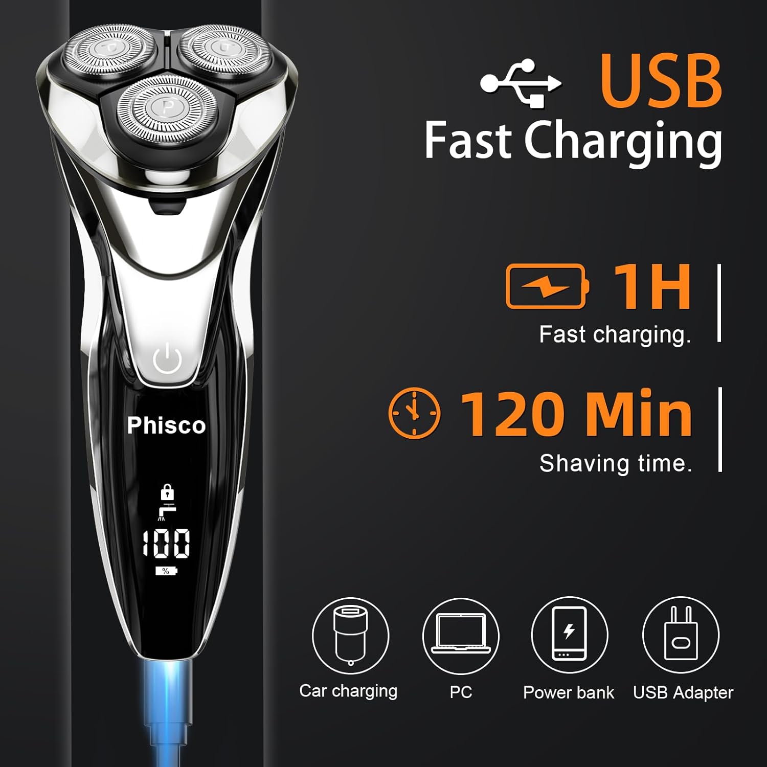 Phisco Men’s Electric Shaver with 3D Floating Heads | Ultra-Close Shave | Dual Concave Blade Net | IPX7 Waterproof | 9000RPM Motor | Ideal for Wet/Dry Shaving