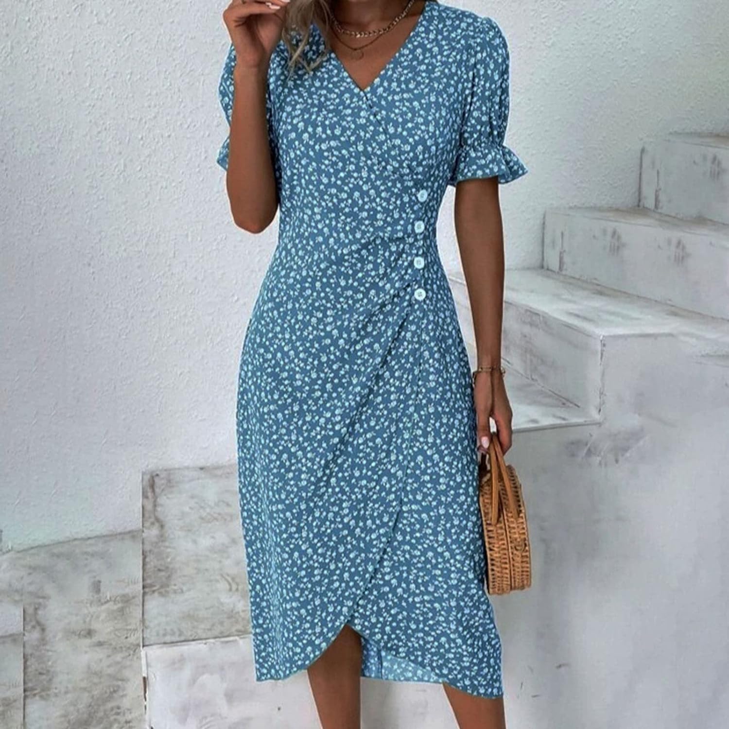 Spring Summer Dresses for Women Chiffon Short Sleeve V Neck Floral Midi Dress Casual A-Line Swing Dresses