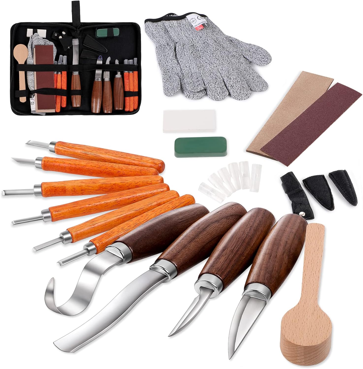 Wood Carving Tools Set,Detail and Hook Carving Knife Kit for Beginners,Trimming Knife for Spoon Bowl Cup Woodwork,Round handle design and 6pcs SK2 Carbon Steel Wood Carving Knives（10pcs）