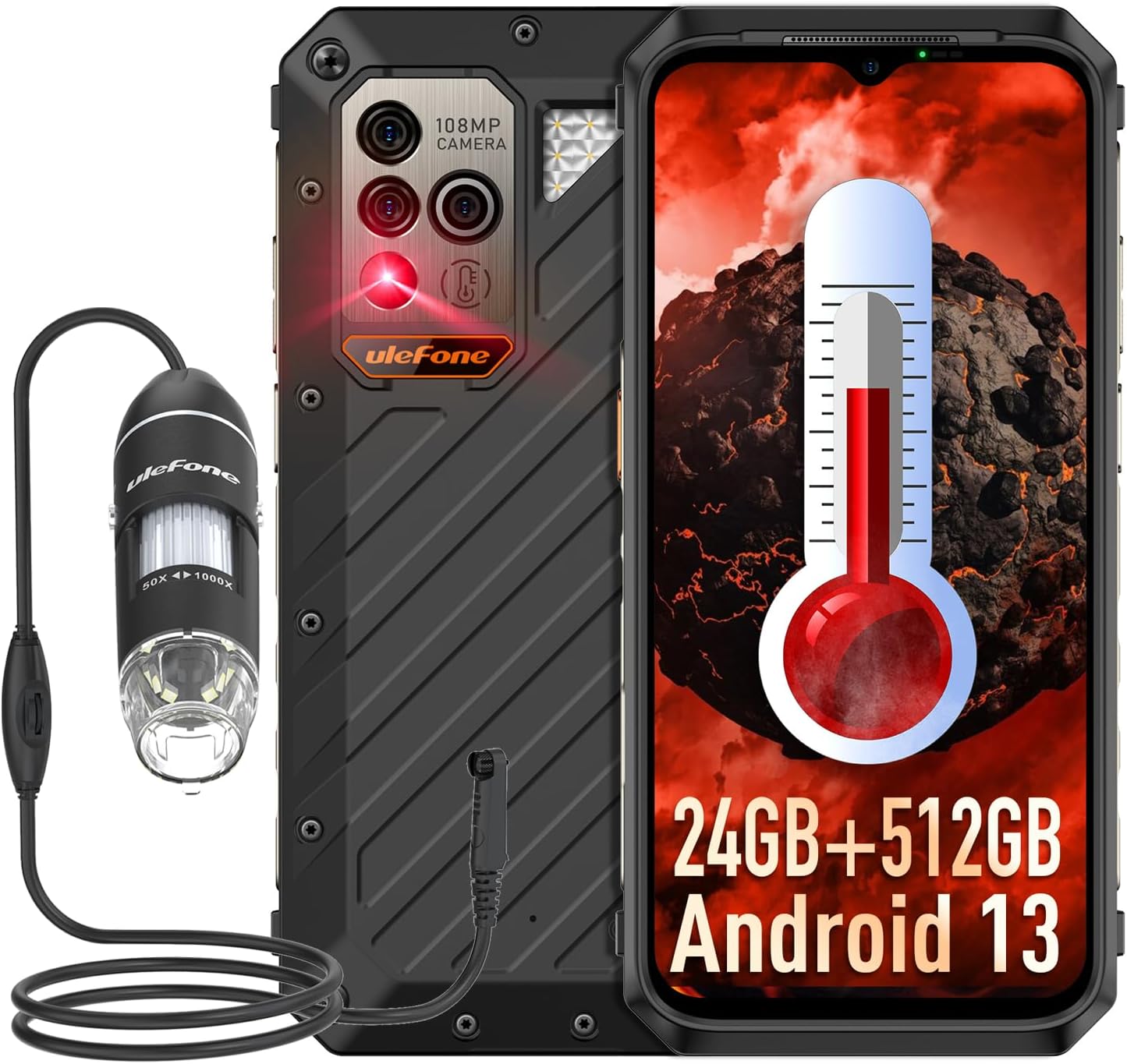 Ulefone Power Armor 18 Ultra & Microscope C01 5G Rugged Phone, Temperature Measurement 108MP Main Camera, 24GB+512GB MTK Dimensity 7050, 9600mAh, QI 15W Wireless Charging, 6.58" Corning Gorilla Screen