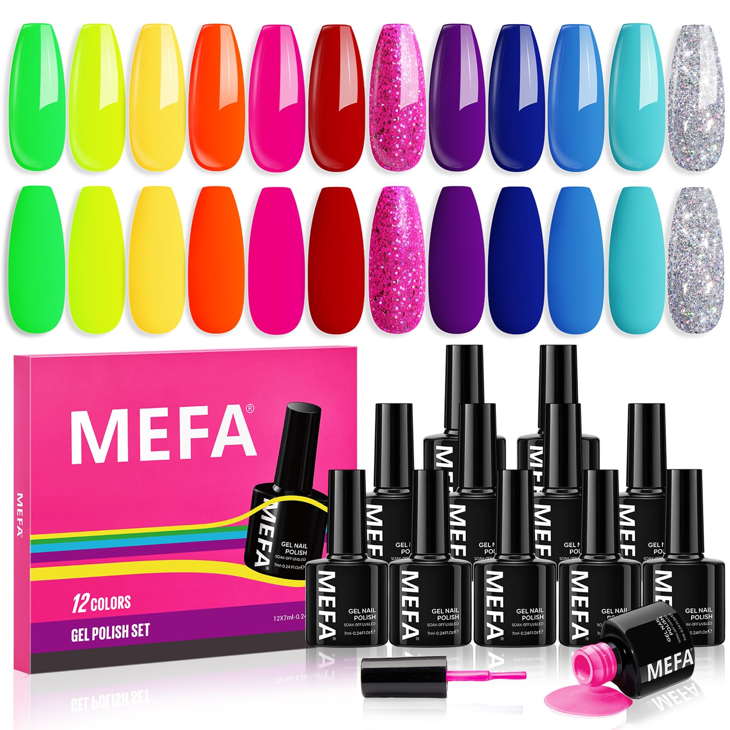 MEFA Neon Gel Nail Polish Set 12 Colors, Spring Summer Gel Nail Kit Green Glitter Hot Pink Blue Yellow Purple Red Collection for Starters Nail Art Manicure at Home DIY Gifts for Women Girls