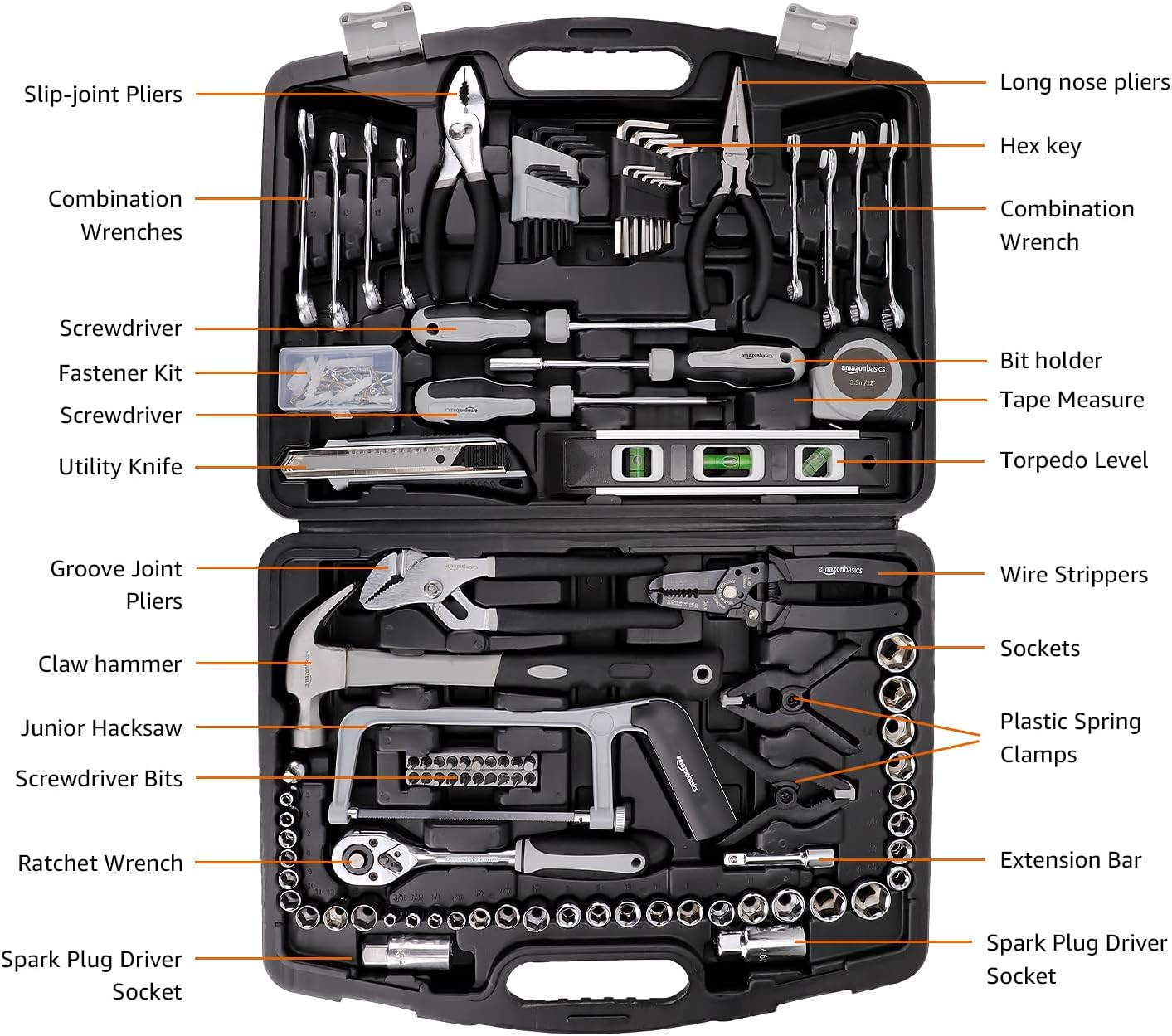 Amazon Basics 173-Piece General Household Home Repair and Mechanic's Hand Tool Kit Set