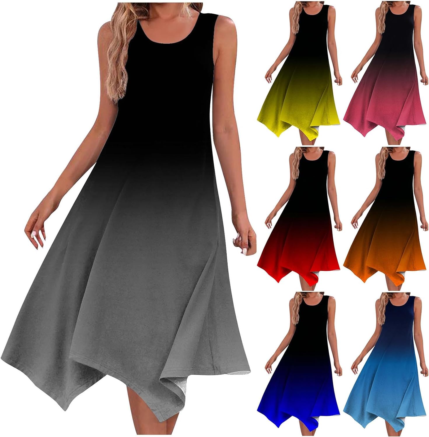 Women's Hankerchief Hem Maxi Tank Dresses Summer Sleeveless Crew Neck Sundress Casual Ruffle A-Line Boho Dress