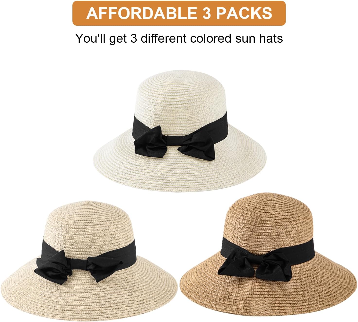 3PCS Sun Hat Beach Straw Hat for Women Wide Brim Foldable Roll up Summer UPF 50+ Hat (Ivory+Brown+Beige)