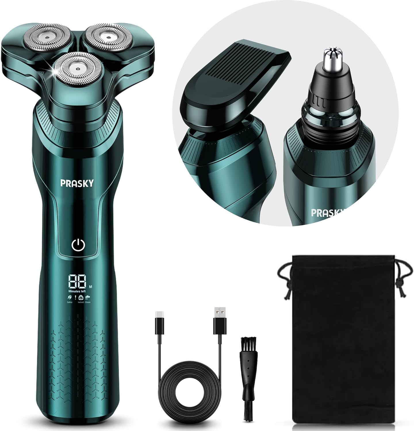 Electric Razor for Men, 3-in-1 Face Shaver, Rotary LED Display, Rechargeable, Floating Head, Replaceable Blades, Portable Travel Beard Trimmer, Hair Clippers Kit, Ideal Gift - Green