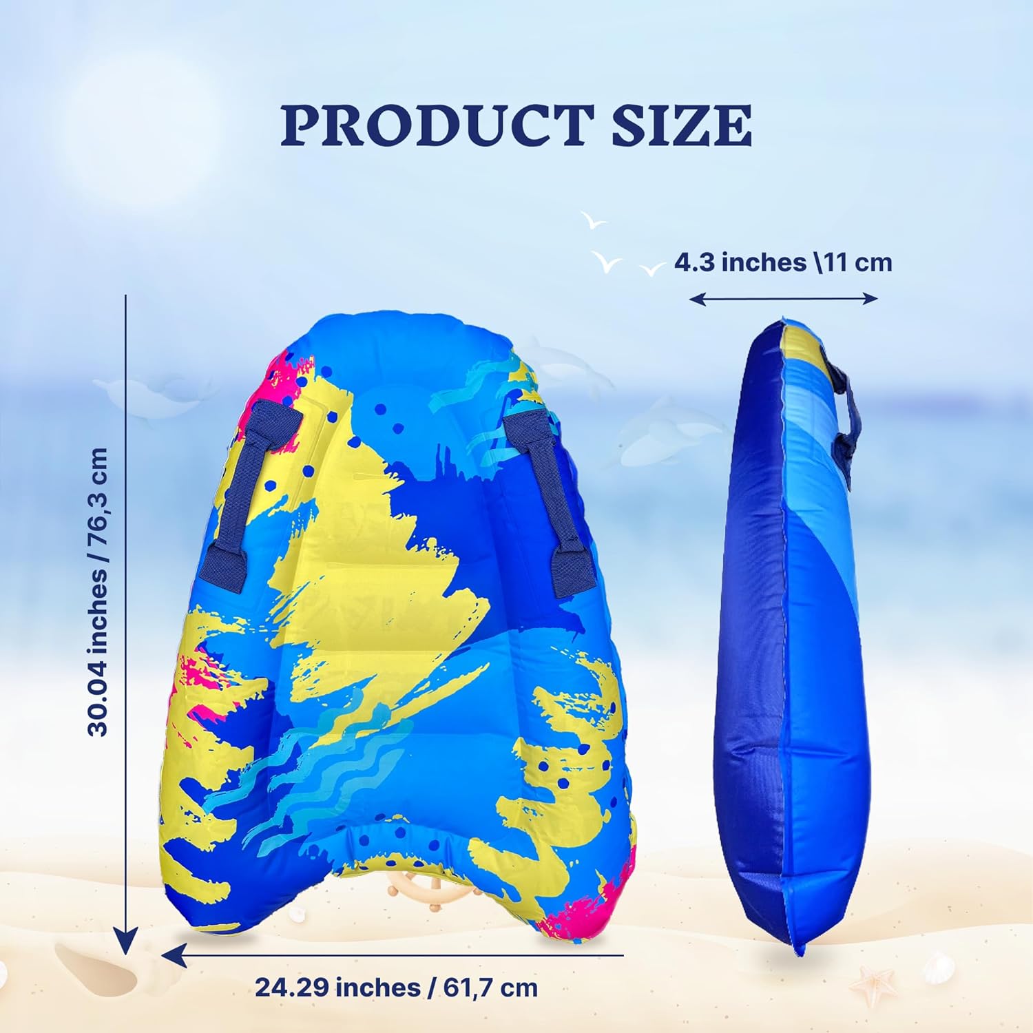 Kids Inflatable Surf Body Board with Handles and New Push-Button Valve, Lightweight Swimming Floating Surfboard Aid Mat Learn to Swim, Beach Safety Theme Surfing with Bonus Case for Board