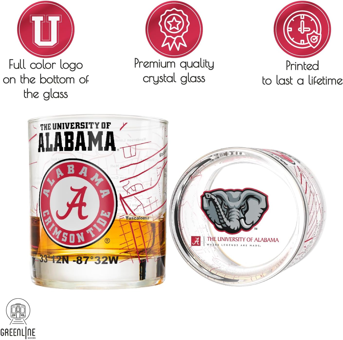 The University Of Alabama Whiskey Glass Set (2 Low Ball Glasses) - Contains Full Color Alabama Logo & Campus Map - Alabama Gift Idea for College Grads & Alumni - College Cocktail Glassware