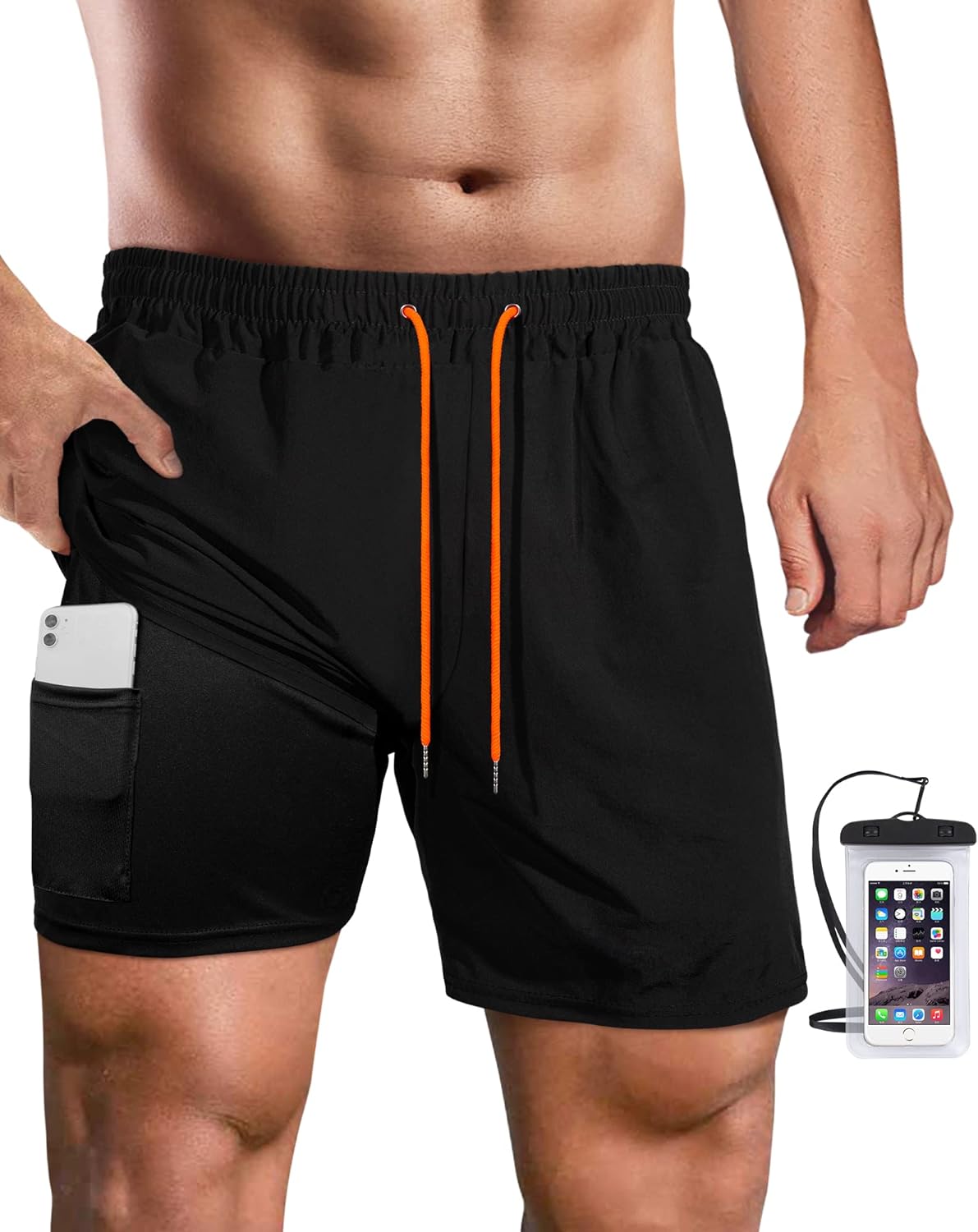 Mens Swim Trunks with Compression Liner 7" Inseam Quick Dry Bathing Suit Beach Shorts Swimming Trunks with Pockets