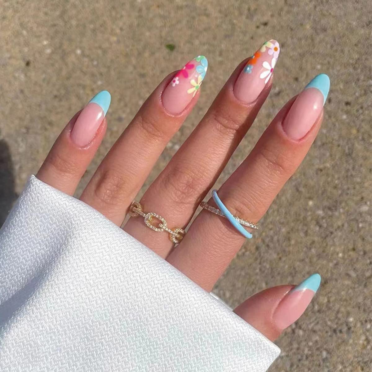 Flower Press on Nails Medium Almond Fake Nails Colorful Flower Blue Borders Designs Acrylic Artificial French Tip Press on Nails for Women Spring Summer Glue on Nails 24 Pcs