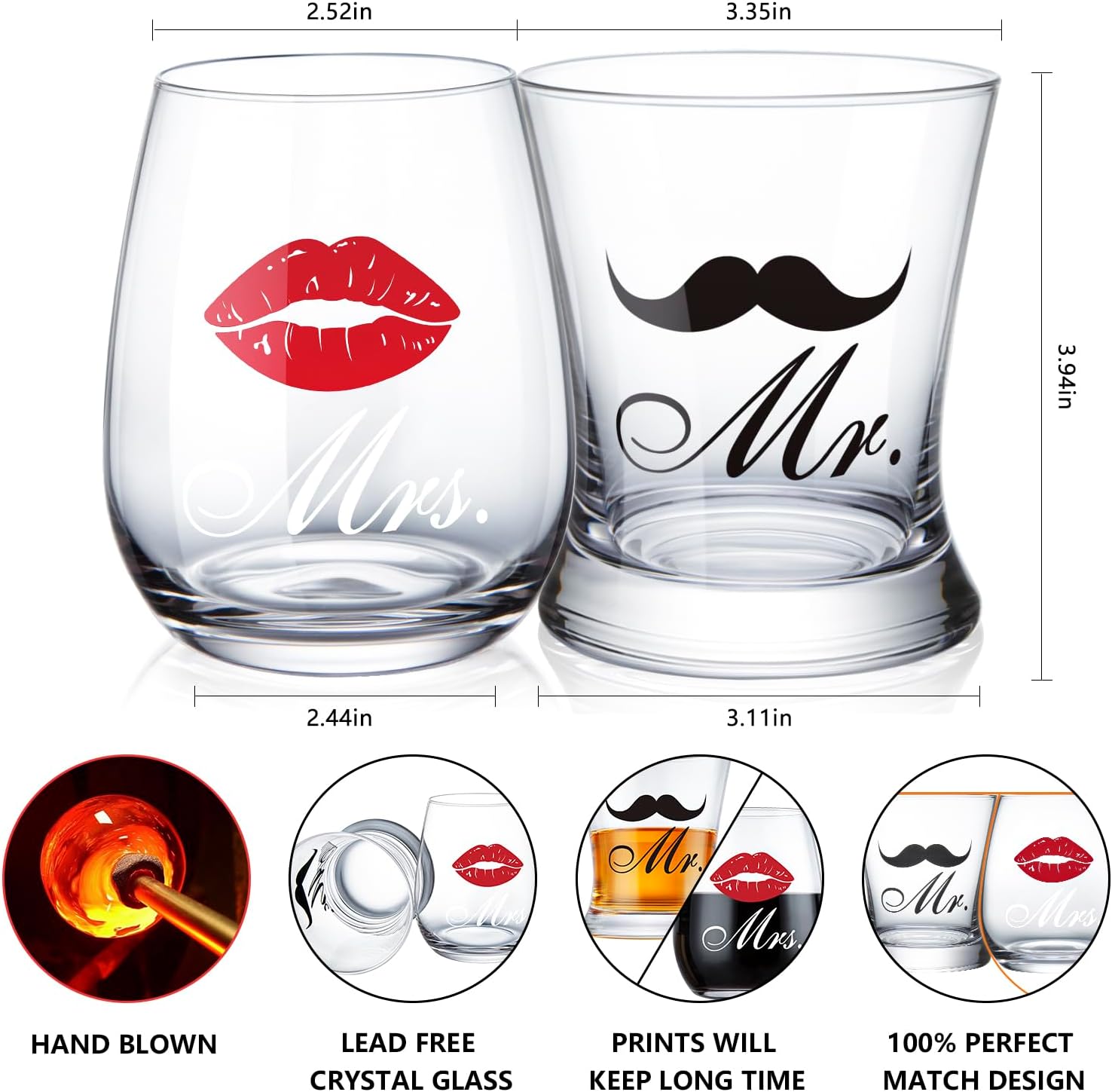 LIGHTEN LIFE Wedding Engagement Gifts for Couples,Mr & Mrs Appron and Wine Whiskey Glass Set,Anniversary Present for Newlywed,Bridal Shower Gifts,Mr and Mrs Gift Set