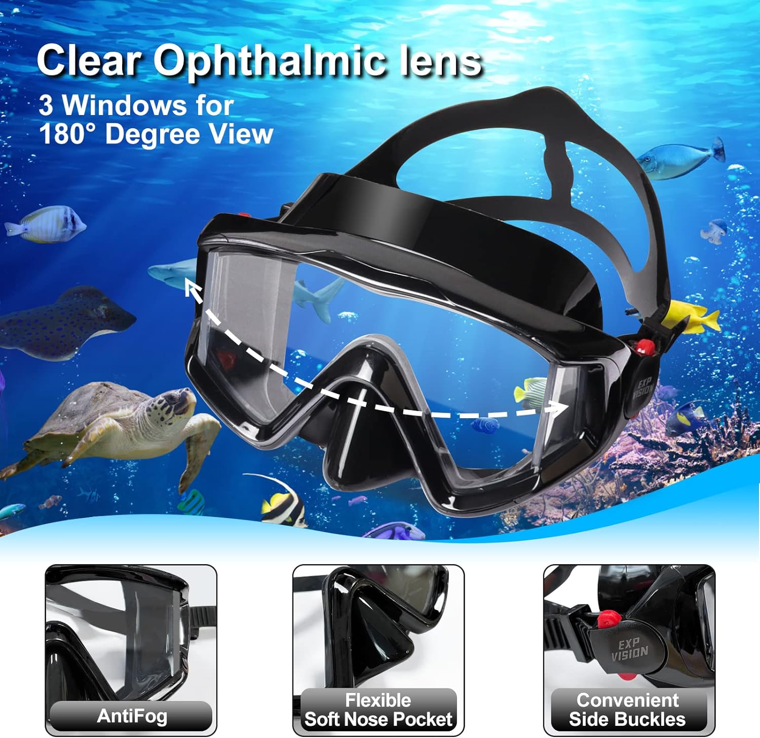 Snorkel Set Pano 3 Window Adult Snorkeling Gear, Professional Snorkel Goggles Anti-Fog Diving Mask, Anti-Leak Swim Mask and Dry Top Snorkel for Diving, Snorkeling, Swimming