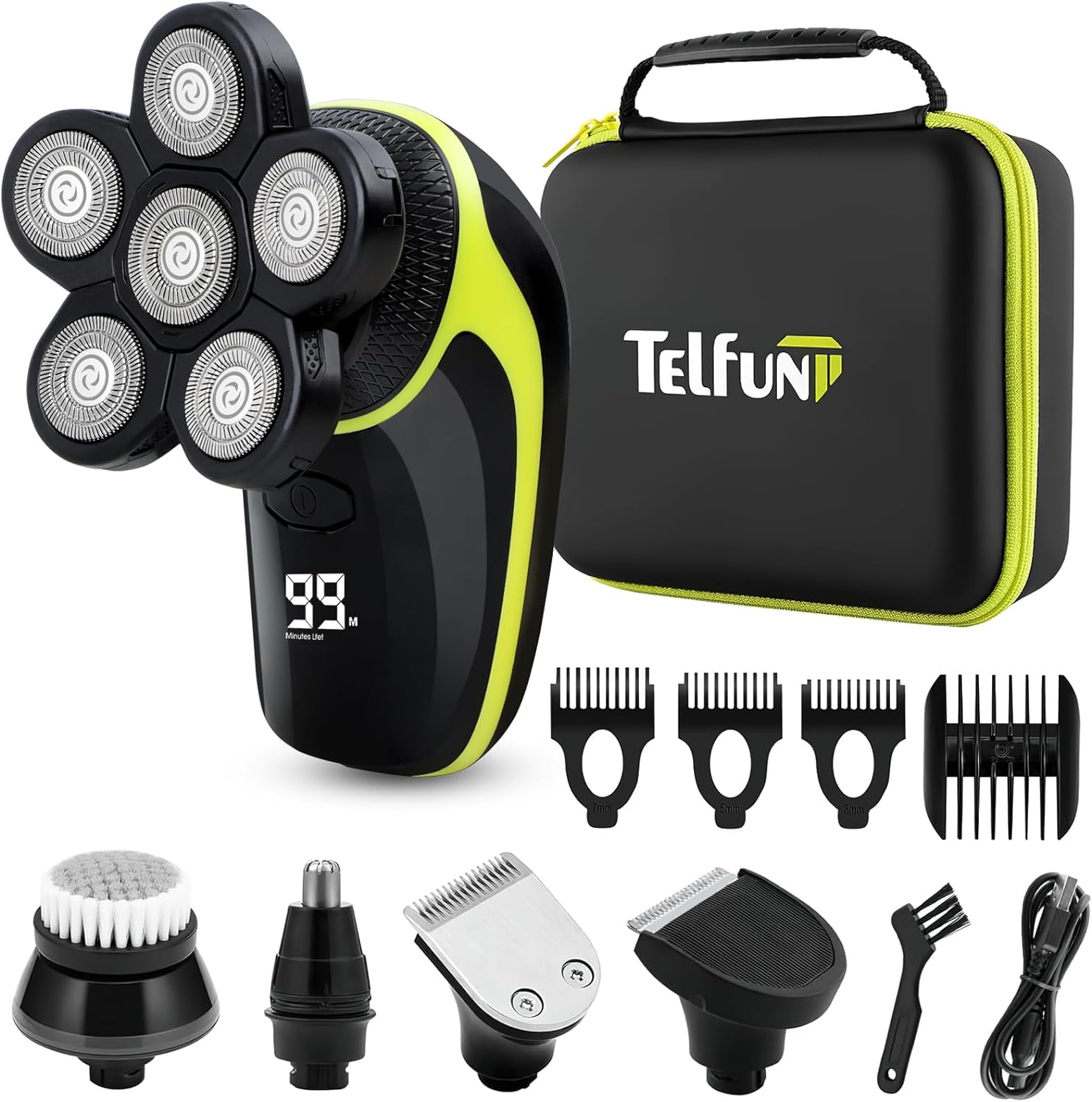 Telfun Head Shavers for Bald Men, 5-in-1 Head Electric Razor with Nose Hair Sideburns Trimmer, Waterproof Wet/Dry Mens Grooming Kit, LED Display, IPX7-Waterproof, Gifts Travel Case