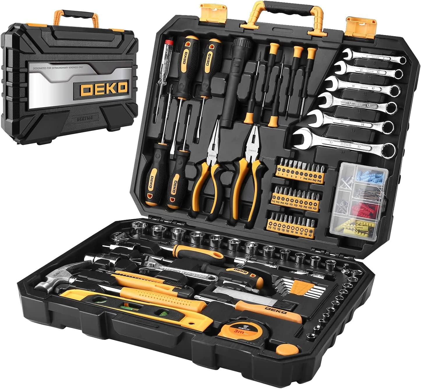 DEKOPRO 208 Piece Tool Set,General Household Hand Tool Kit, Auto Repair Tool Box with Plastic Toolbox Storage Case