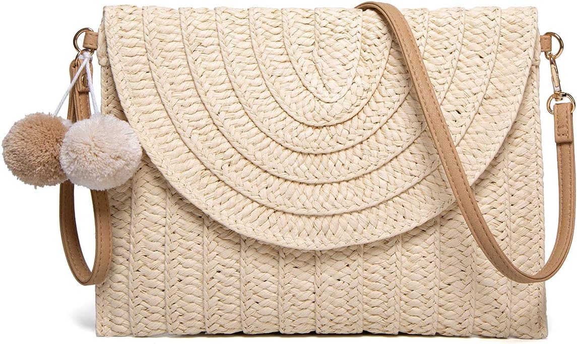 Straw Shoulder Bag Straw Clutch Women Hand-woven PomPom Straw Crossbody Bag Summer Beach Envelope Purse Wallet