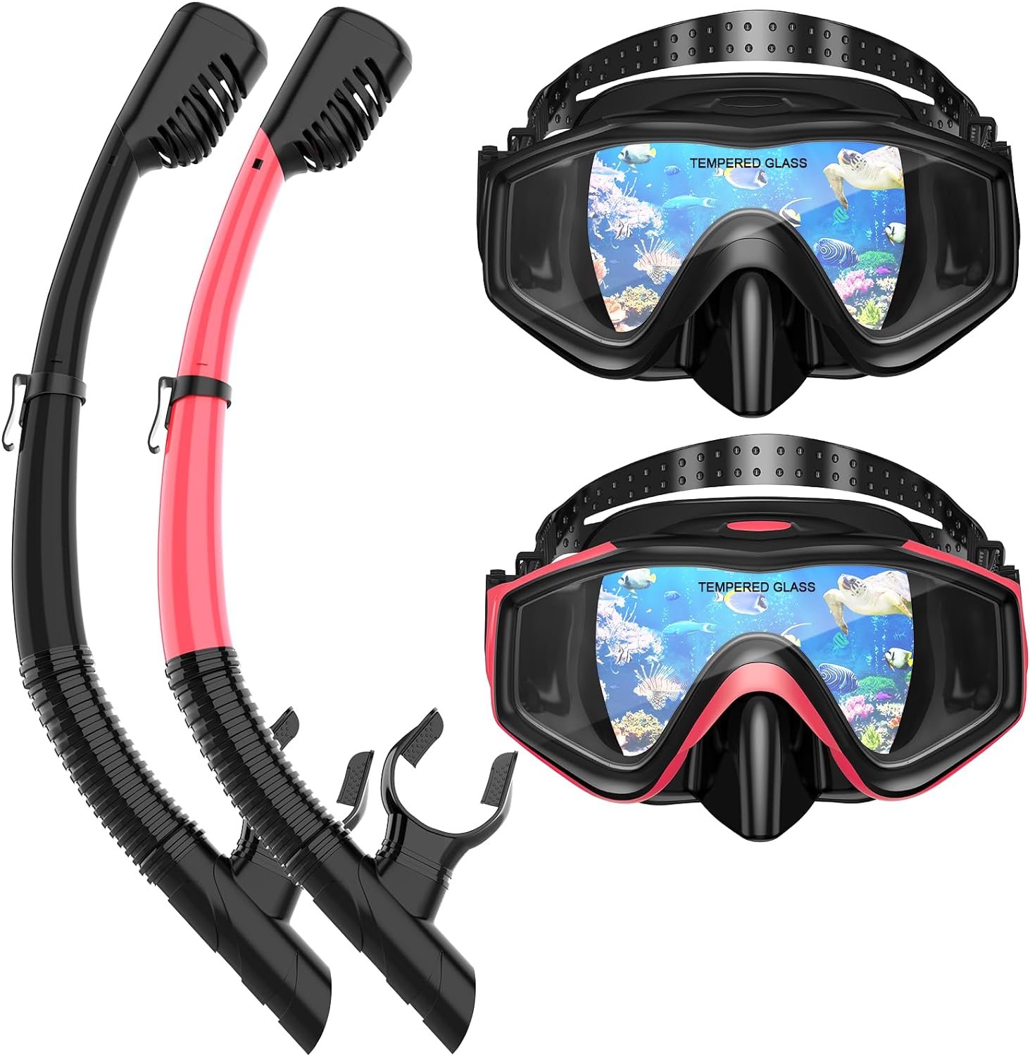 Snorkeling Gear for Adults, Dry Top Snorkel Mask Set 2 Pack Scuba Diving Mask Snorkel Gear Anti Fog Snorkeling Packages Tempered Glass Panoramic View