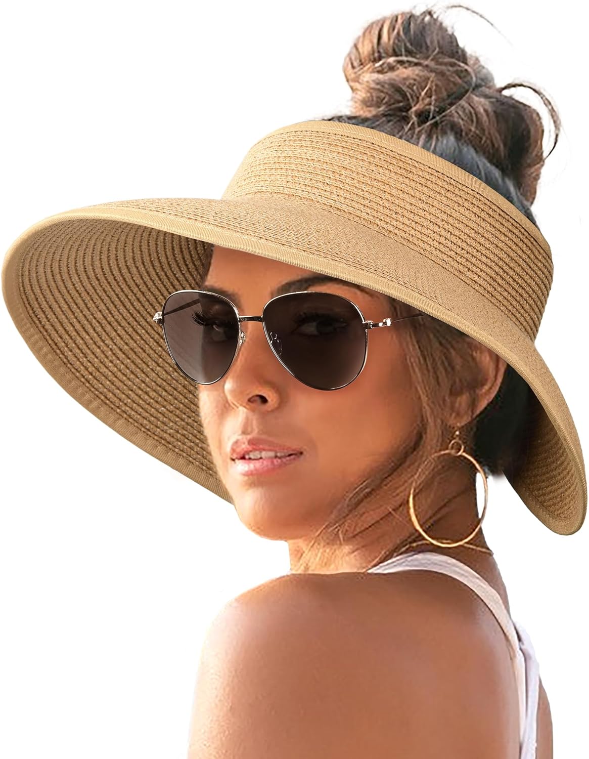 FURTALK Sun Visor Hats for Women Wide Brim Straw Roll-Up Ponytail Summer Beach Hat UV UPF Packable Foldable Travel