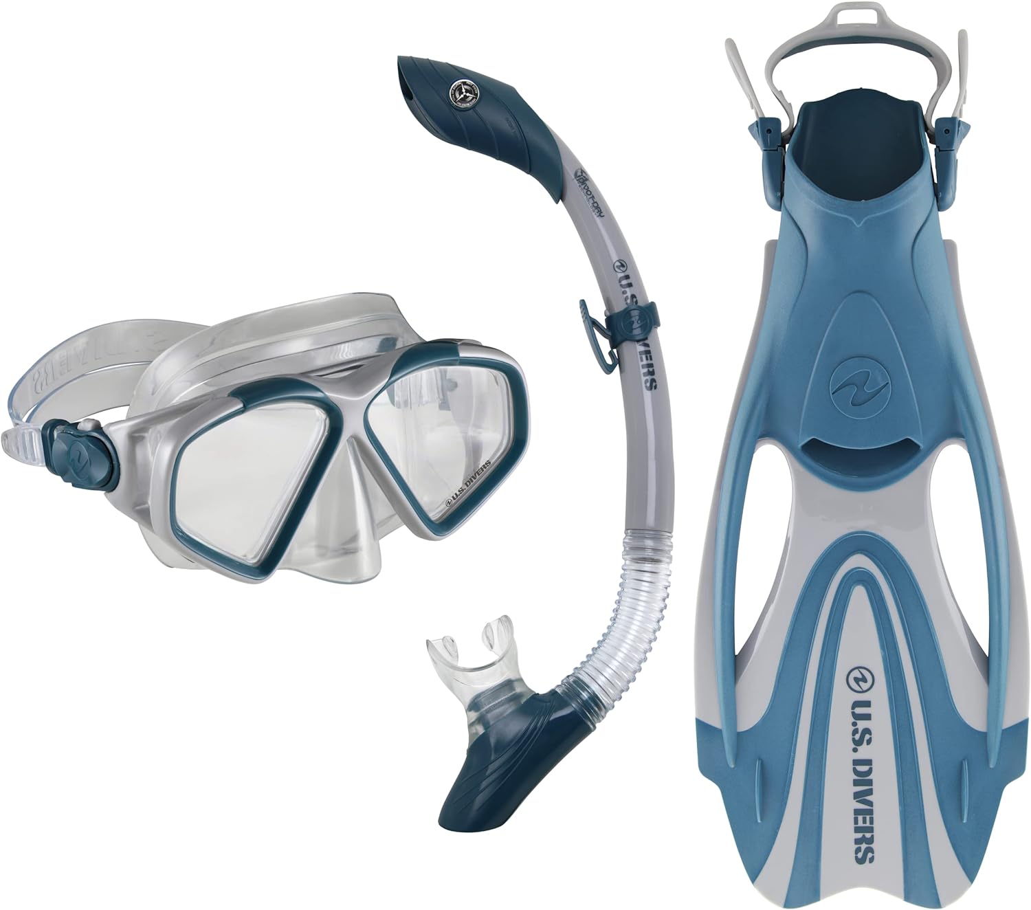 U.S. Divers Cozumel Adult Snorkel Set - Anti-Fog PC Lens, Easy-Adjust Mask Buckles, Dry Top Snorkel, Adjustable Fin Buckles - Explore Series | Unisex Adult, Gray/Navy, Small (5-6.5), (SR3981004S)