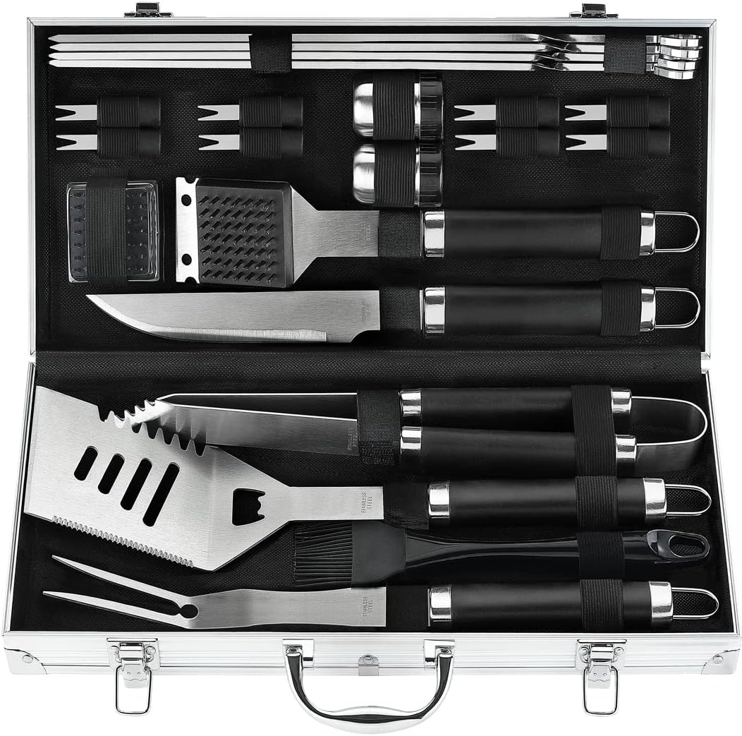 POLIGO 22PCS Heavy Duty BBQ Grill Accessories Set, Non-Slip Grill Tools for Outdoor Grill Set Thicker Stainless Steel Grill Utensils Set, Deluxe Grilling Tools Set in Aluminum Case Ideal Gifts for Men