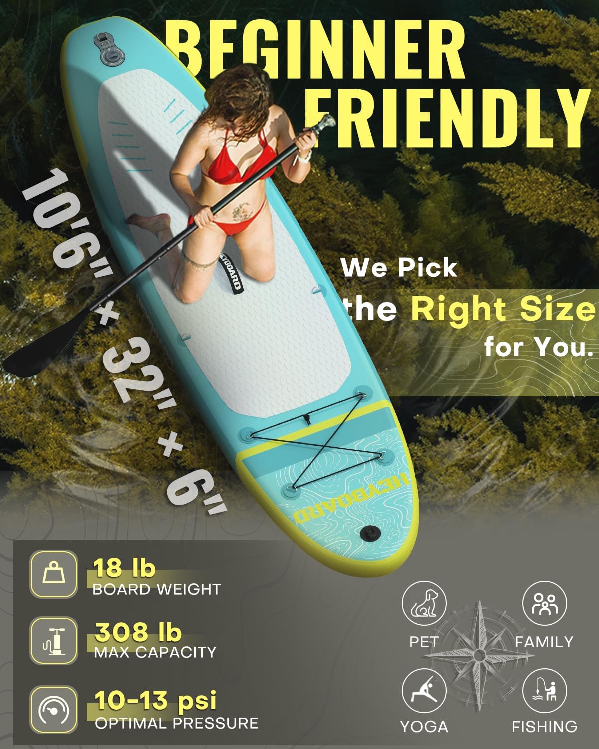 2-Pack HEYBOARD Inflatable Stand Up Paddle Board 10'6"x32"x6" Grey & Mint Green Patterned