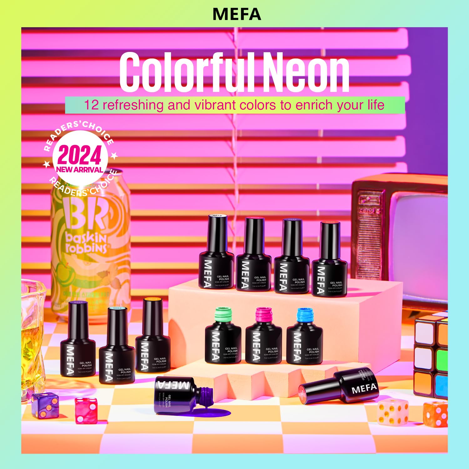 MEFA Neon Gel Nail Polish Set 12 Colors, Spring Summer Gel Nail Kit Green Glitter Hot Pink Blue Yellow Purple Red Collection for Starters Nail Art Manicure at Home DIY Gifts for Women Girls