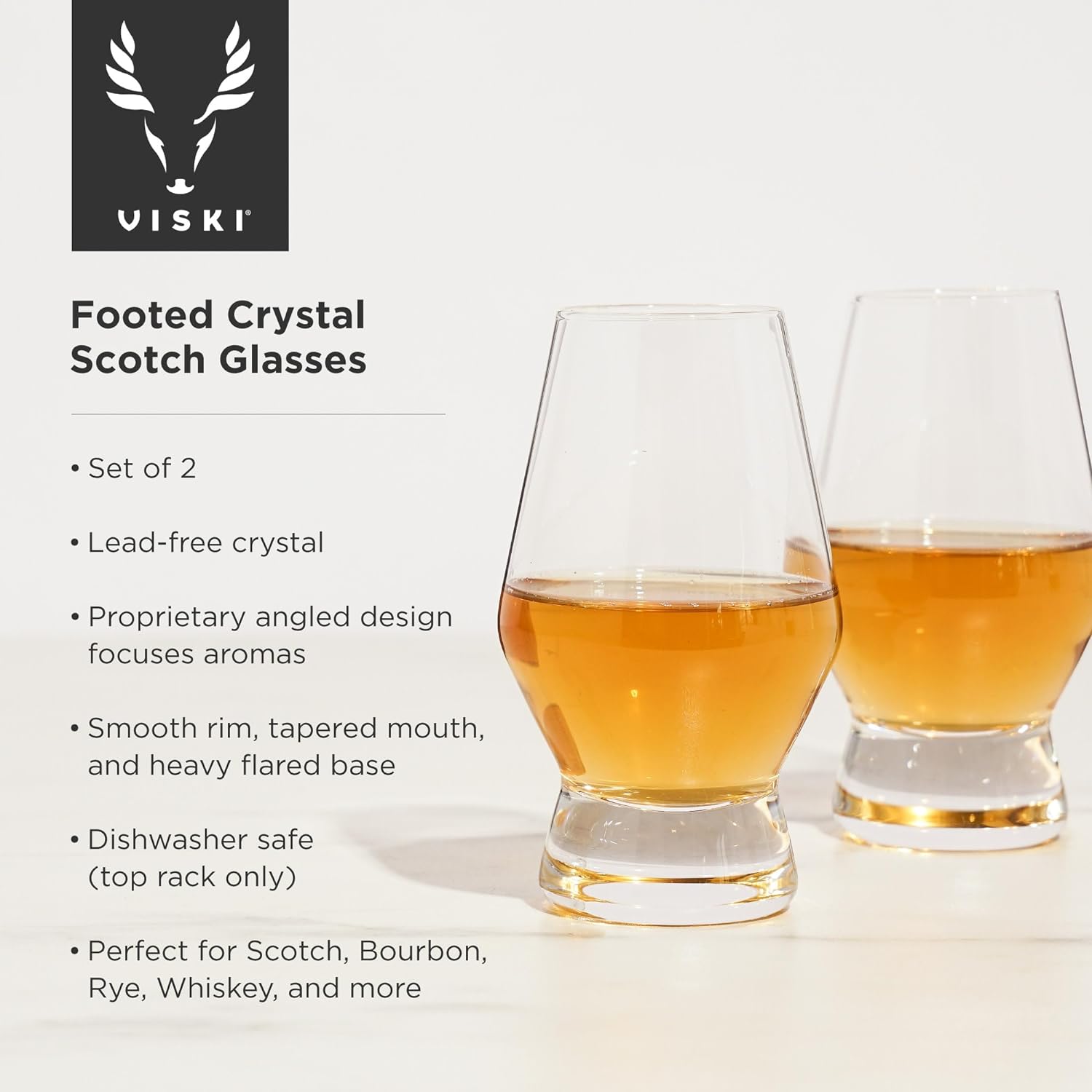 Viski Footed Crystal Scotch Glasses Set of 2 - Premium Liquor Drinking Glass, Classic Whiskey Bourbon Glasses and Scotch Glass Gift Set, 8 oz