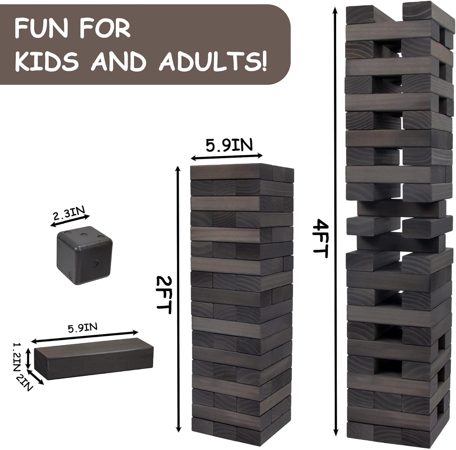 Juegoal 54 Pieces Giant Tumble Tower Blocks Game Giant Wood Stacking Game with 1 Dice Set, Gameboard, Canvas Bag for Adult, Kids, Family, Grey