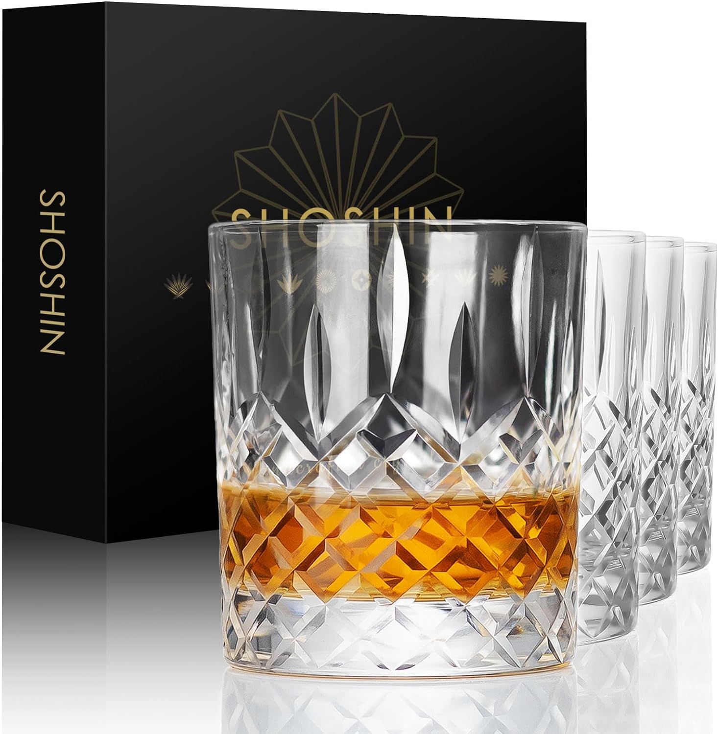 SHOSHIN Premium Hand Cut Whiskey Glasses (13 OZ, Set of 4) - Handmade Double Old Fashioned Scotch Glasses - Gift for Bourbon Lovers - Style Glassware for Rum - 4 Rocks glasses in Gift Box