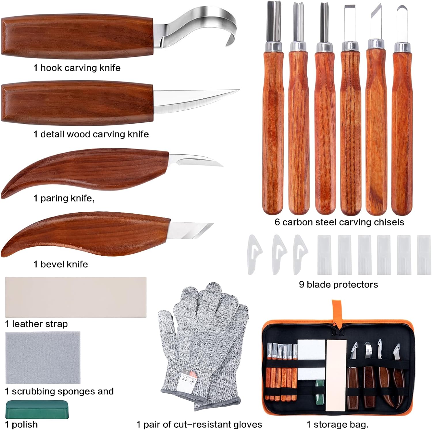 Wood Carving Tools Set, Wood Whittling Kit for Beginners Kids and Adults - Wood Carving Kit with Detail Wood Carving Knife, Whittling Knife, Wood Chisel Knife, Gloves, Carving Knife Sharpener