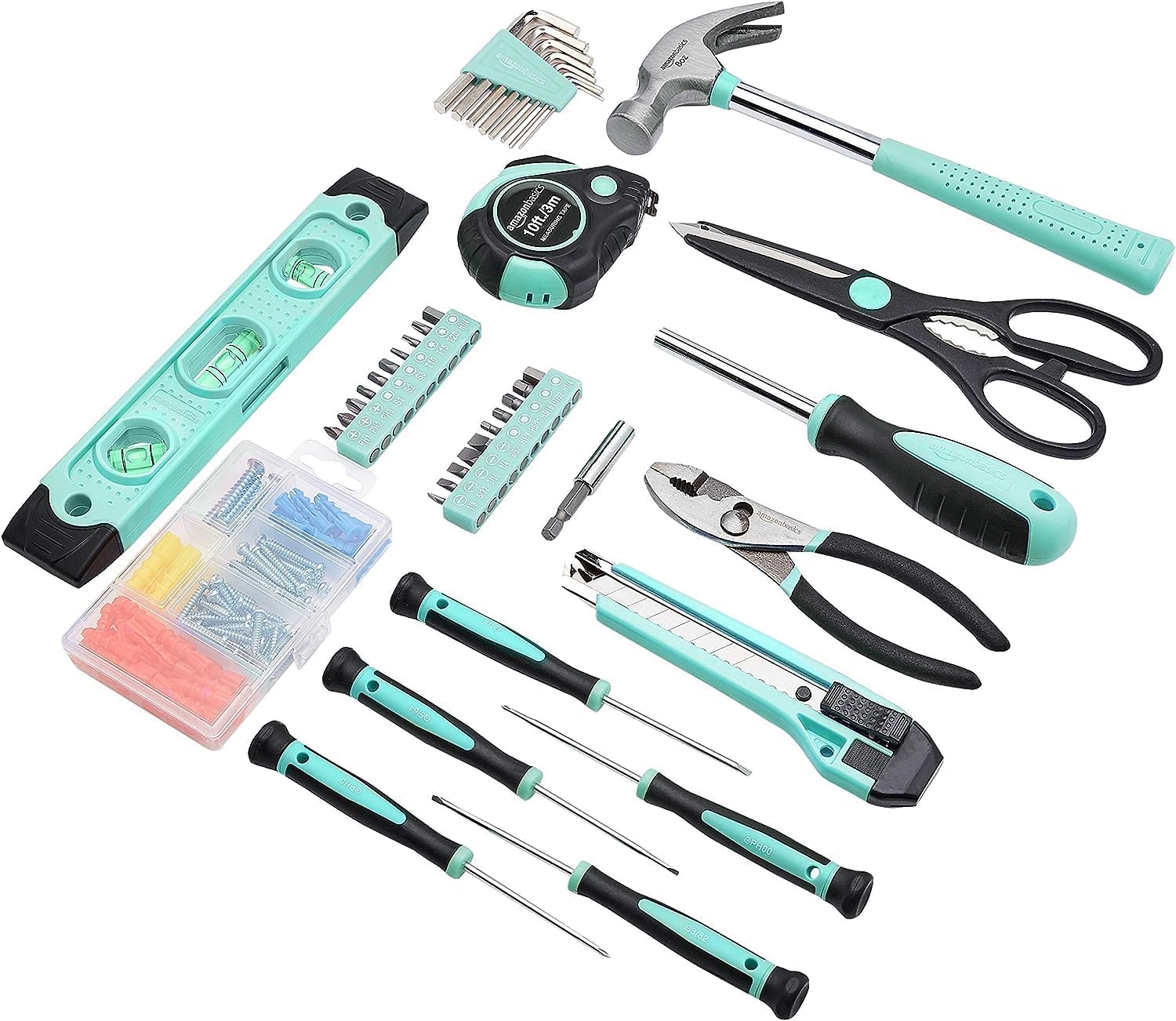 Amazon Basics Household Tool Kit With Storage Case, 142 Piece, Turquoise, 13.39 x 9.25 x 2.95 inch