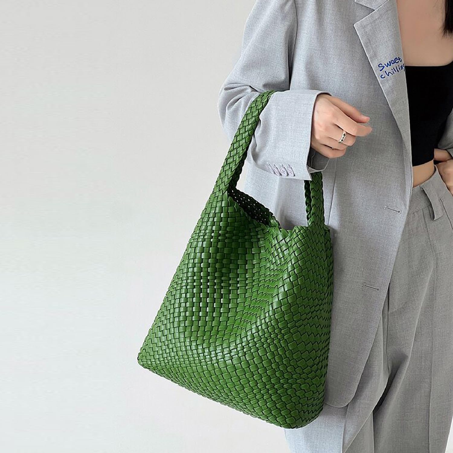 Women Vegan Leather Hand-Woven Tote Handbag Fashion Shoulder Top-handle Bag All-Match Underarm Bag with Purse