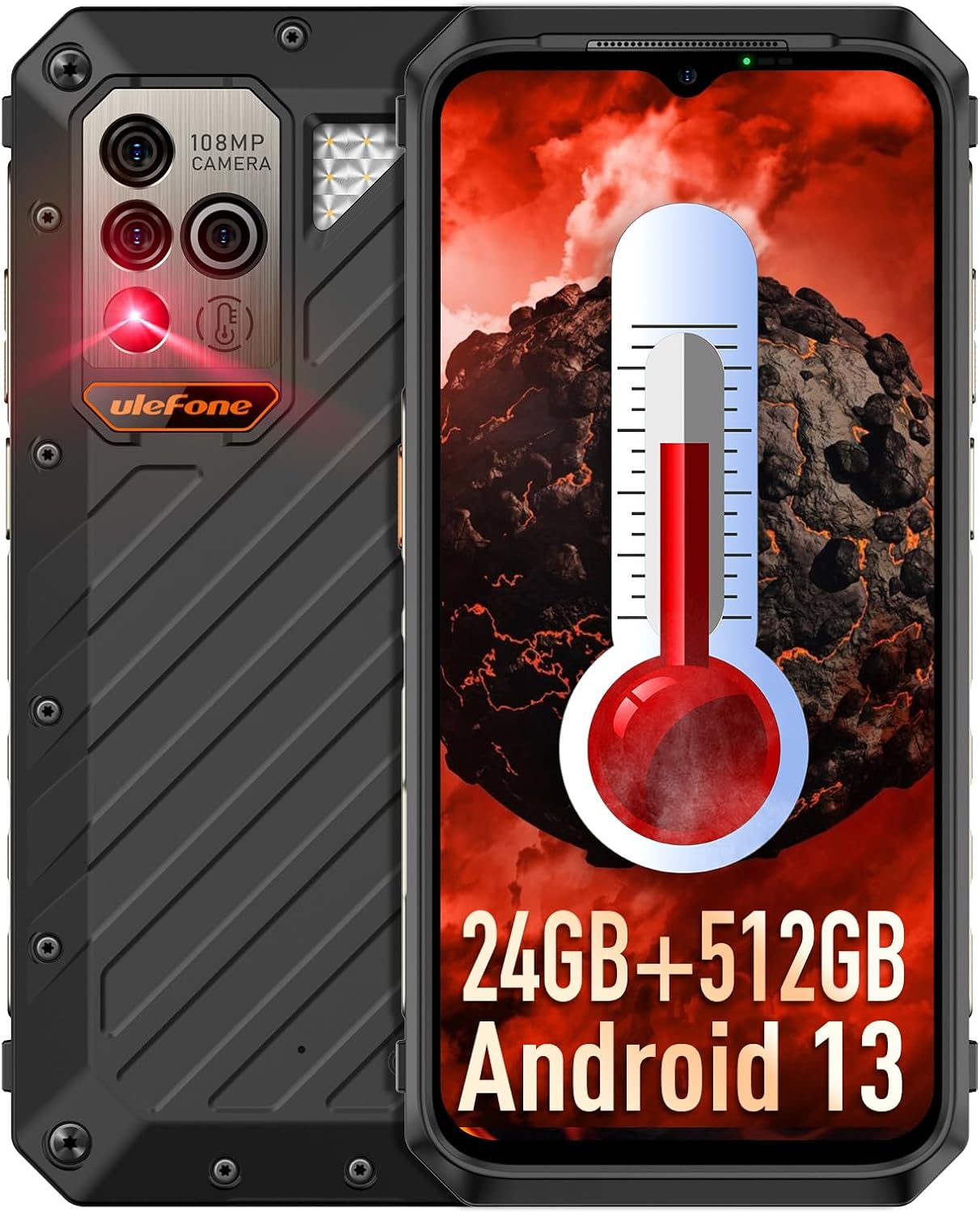 Ulefone Power Armor 18 Ultra 5G Rugged Phone, Temperature Measurement 108MP Main Camera, 24GB+512GB MTK Dimensity 7050, 9600mAh, QI 15W Wireless Charging, 6.58" FHD+ Corning Gorilla Screen, Android 13