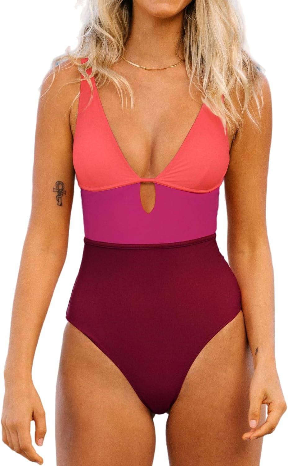 CUPSHE Women's One Piece Swimsuit Color Block Keyhole Cutout Bathing Suit