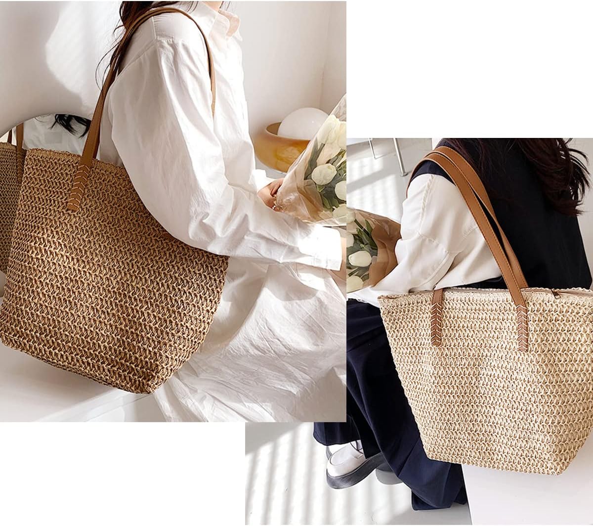 MABROUC Lightweight Straw Bag, Straw Beach Bag for Women, Large Woven Summer Tote Handbag Shoulder Bag for Outdoor Vacation