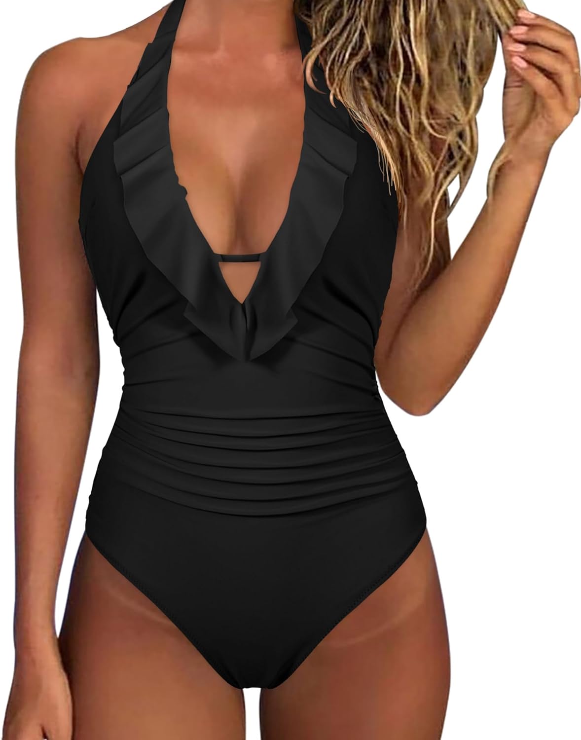 SUUKSESS Women Sexy Halter One Piece Swimsuits Ruffle Tummy Control Bathing Suit