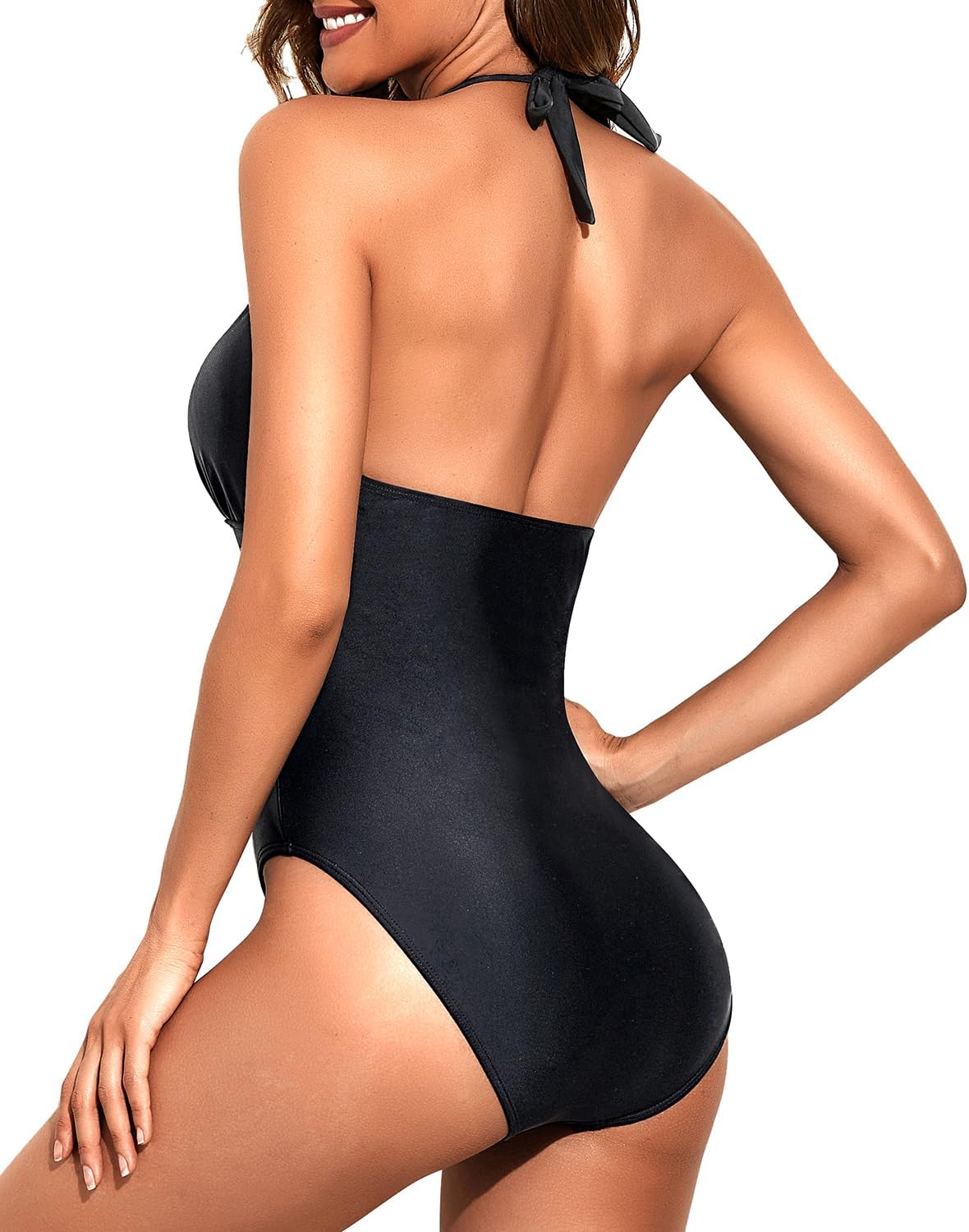 Tempt Me Women Sexy Halter One Piece Swimsuits Mesh Hollow Out Tummy Control Monokini V Neck Bathing Suit