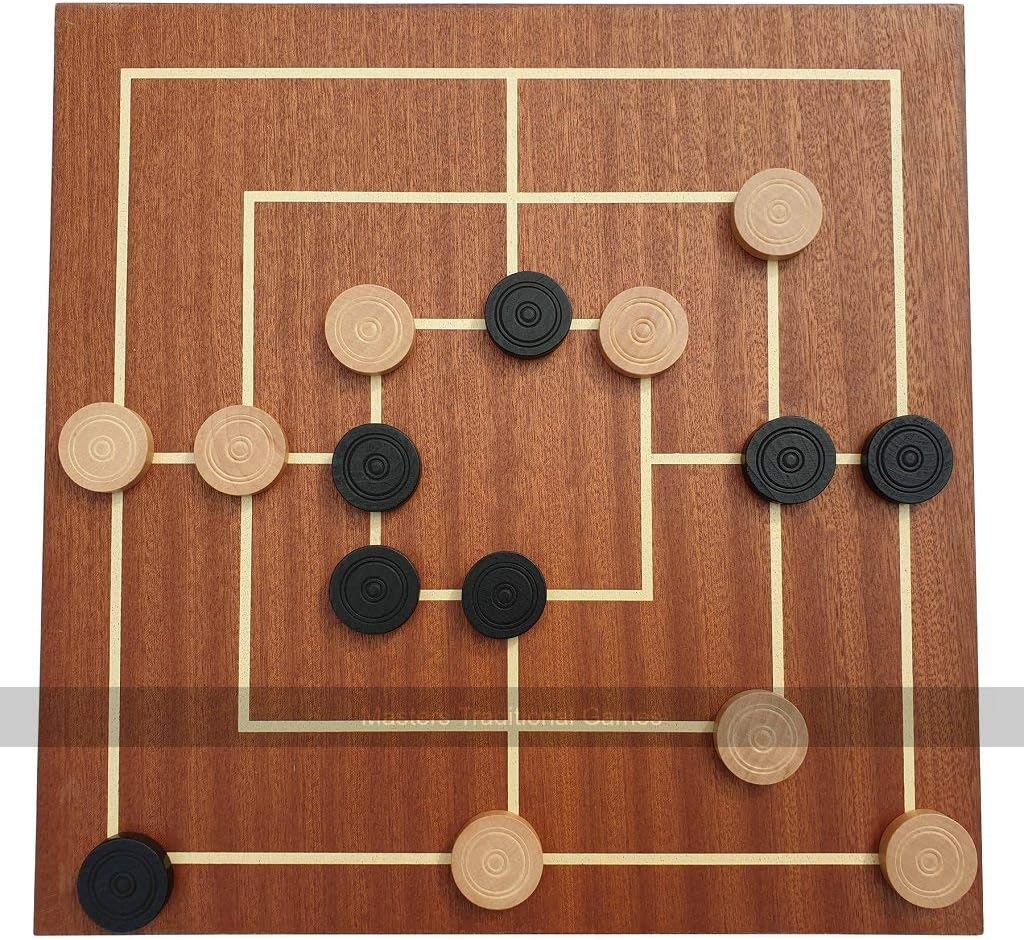 Nine Men's Morris Game - Dual Side Wooden Board with Wooden Pieces