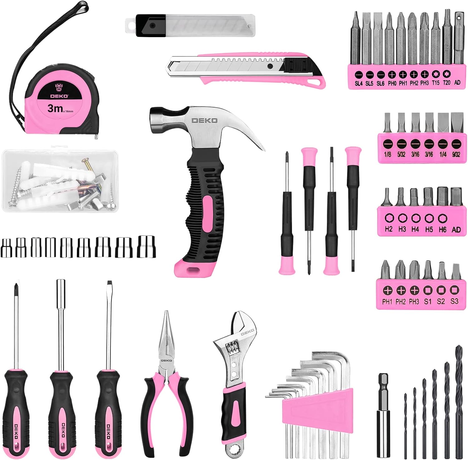 DEKOPRO Drill Set: Tool Set with 8V Pink Cordless Drill, Home Tool Kit with Drill, Hand Tool Kits for Women 126 Piece