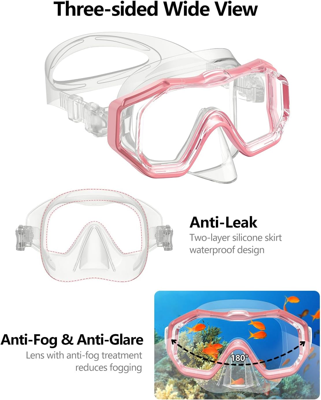 W WSTOO Snorkeling Gear for Kids and Adults,Snorkel Mask Panoramic Anti-Leak and Anti-Fog Three-Lens,Dry Top Scuba Diving Mask,Adjustable Snorkel Set for Snorkeling Swimming Diving